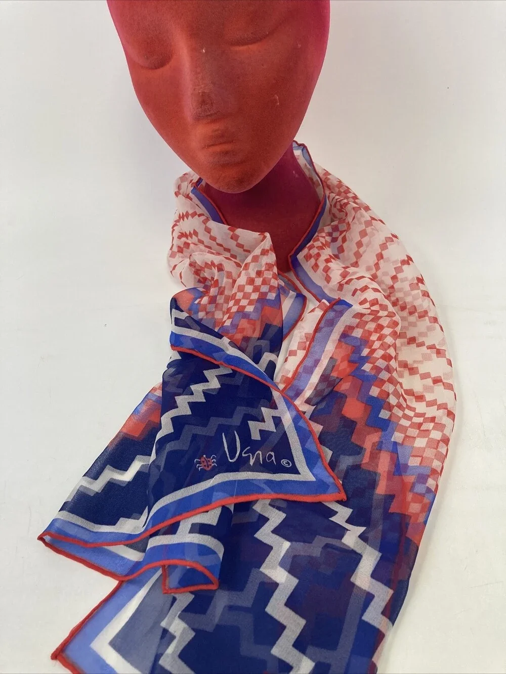 VTG Vera Neumann Ladybug Sheer Scarf Red White Blue Geometric Patriotic Zig Zag